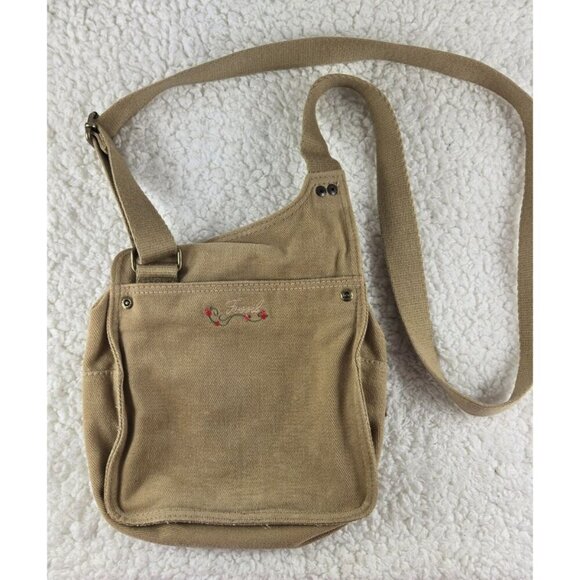 Vtg Fossil Khaki Corduroy Leather Trim Messenger Bag 8"x8" Safari Sac Crossbody - Picture 3 of 10